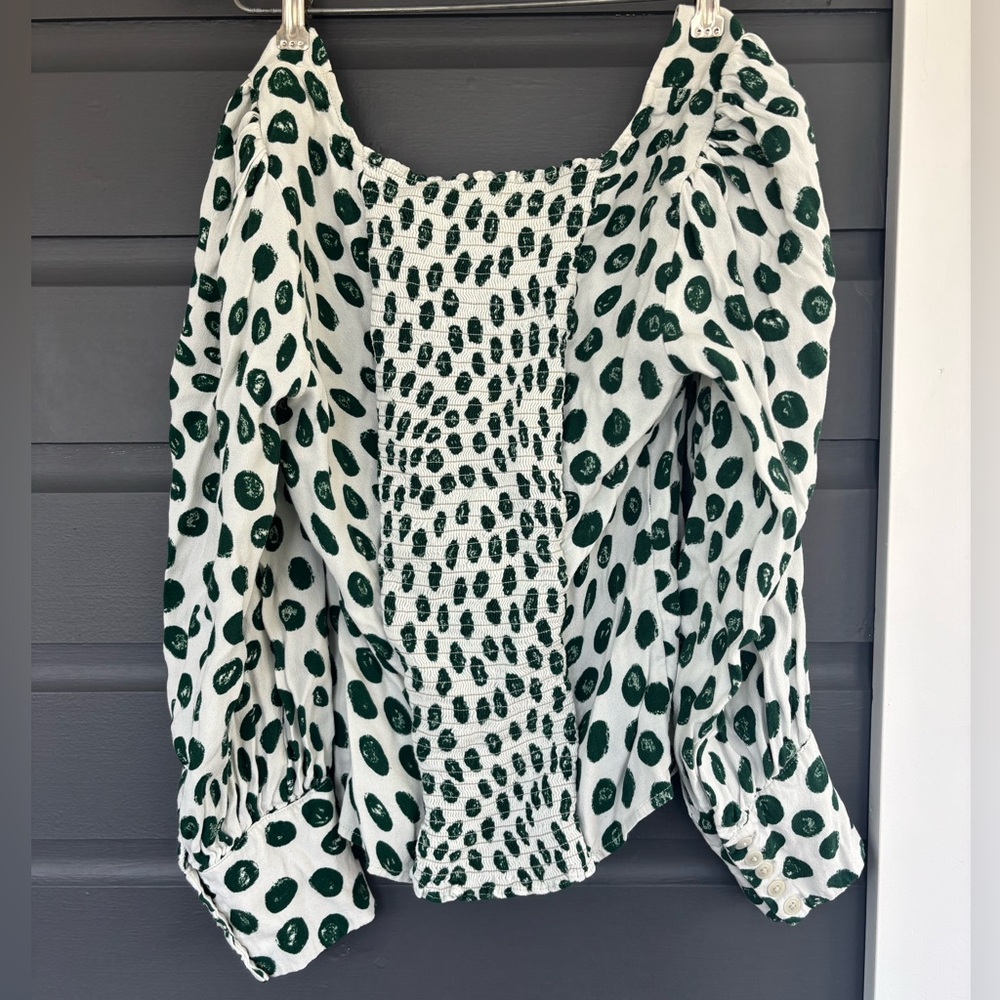 Reformation green white dot Calla top puff sleeve shirt size 10 - Picture 4 of 4